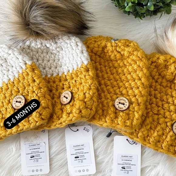 Baby Hat, Vegan, Mustard and cream, Faux Fur pompom, Toque, Winter Toque - Picture 4 of 6
